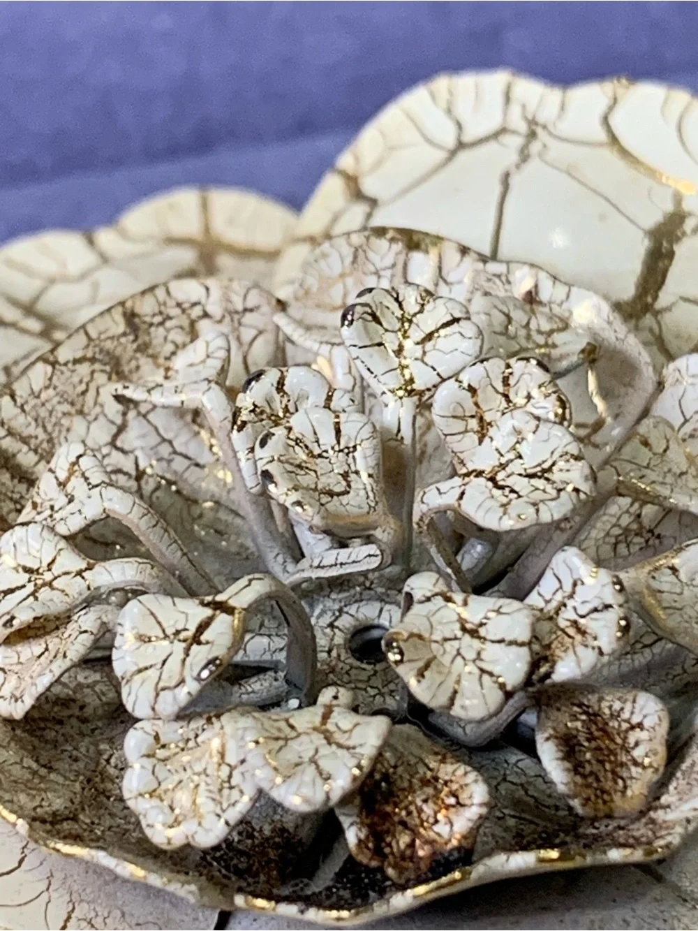 Vintage Layered Crackle Enamel Flower Brooch, Cream and Gold